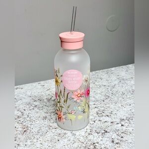 Floral Frosted Reusable Glass Water Bottle With Straw And Pink Lid
